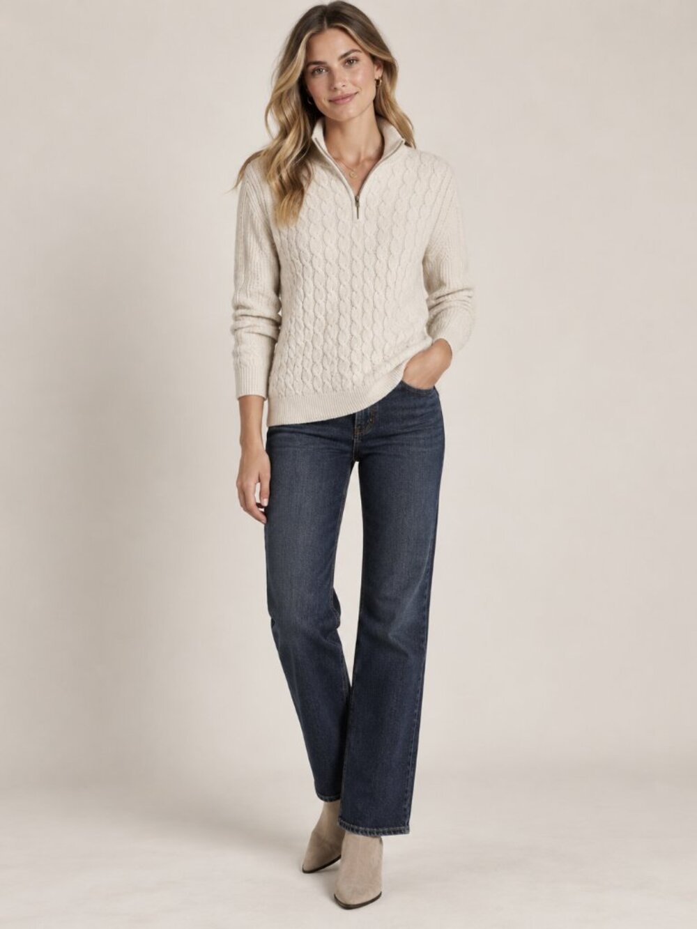 Reiss Cream Cashmere Blend Cable Knit Sweater Womens L Preppy Academia Cozycore